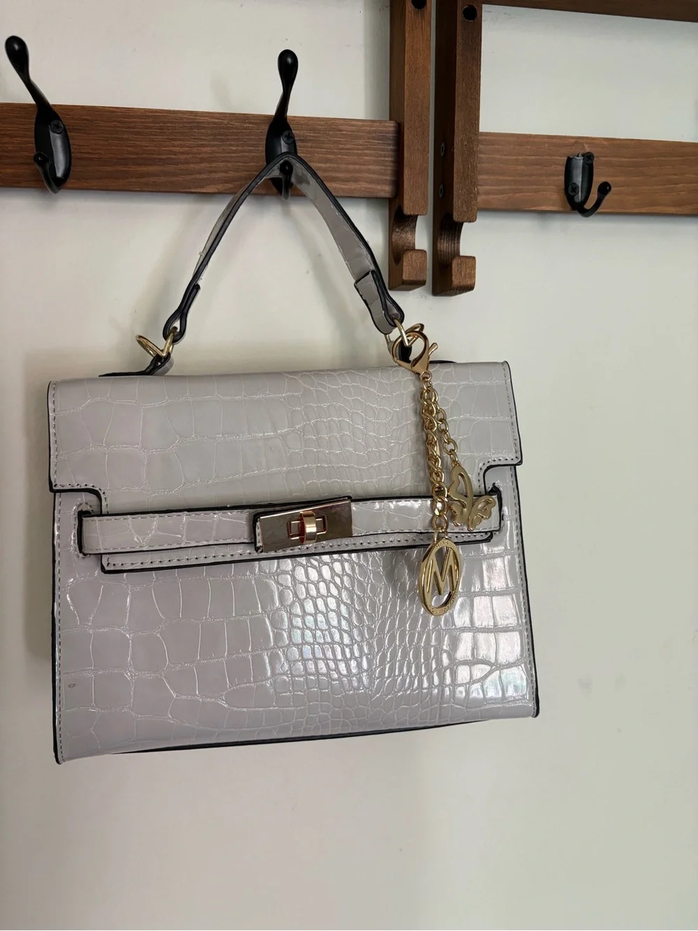 Gray Croc-Embossed Top Handle Bag with Gold Charm